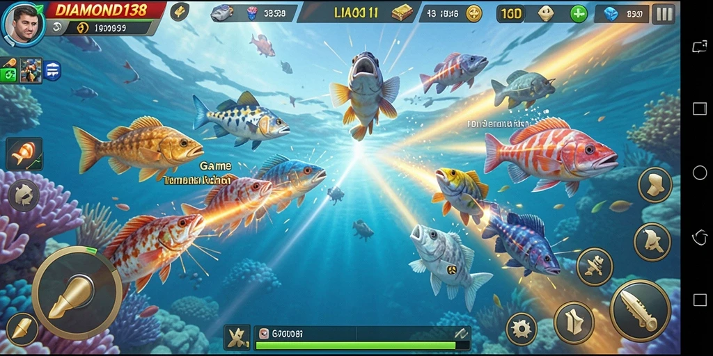 Screenshot gameplay seru dalam DIAMOND138 yang menampilkan aksi tembak ikan.