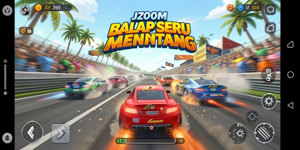 Tampilan seru dari gameplay J200M dengan mobil balap di lintasan.